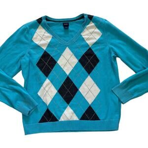IZOD Cotton Argyle Long Sleeve V-Neck Sweater, Blue, Black, Ivory, Preppy XL